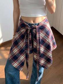 美式复古不规则格子拼接遮臀半身裙 女式时尚百搭提臀迷你裙 适合Y2K街头服饰 - 彩色 - 查看 2