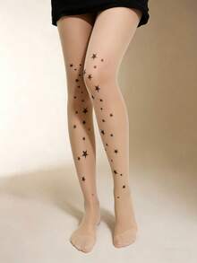 1双裸色透明连裤袜，星空印花，性感星空图案，日常穿着 - 彩色 - 查看 4