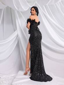 QOQ Women's Sequin Mermaid Evening Gown, High Slit Off Shoulder Ruffle Formal Maxi Dress, Elegant Prom Cocktail Wedding Guest Gala Party Dresses - Black - View 2