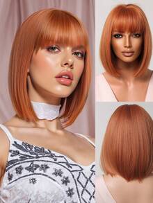 Elegant Orange Women's Stright Wig With Short Bangs High Temperature Fiber Rose Net Cap Versatile Styling - Suitable For Cosplay, Parties, And Music Festivals - 臟橘色 - 查看 12