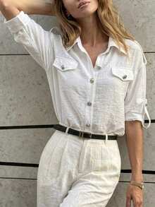 Áo blouse nữ trắng phong cách casual chic, chất liệu vân nổi, cài nút, tay dài, mặc layer cho mùa tiền thu, đi học, đi làm văn phòng và mặc hàng ngày - trắng - Xem 4