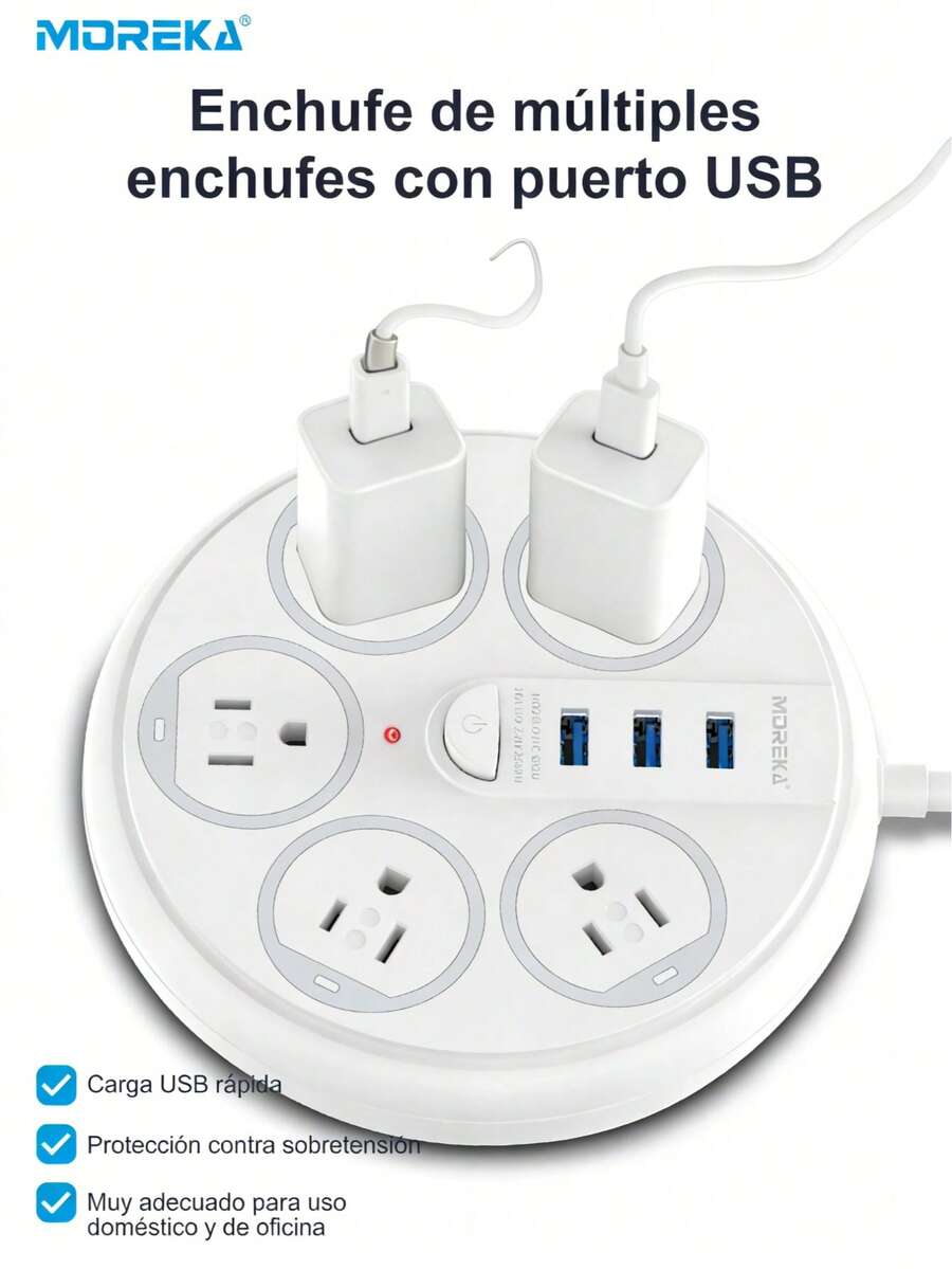 MOREKA This Multifunctional Power Strip Is Ideal For Home And Office Use. It Features 5 Power Outlets, 3 USB Charging Ports, Surge Protection, Power Control, And A Long Cable. - White - View 1