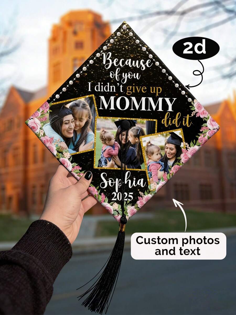 Customized Graduation Cap Topper For Mom, Black & Gold Floral Theme Graduation Cap Decor, Customizable With Name, Quote, Photo, Year, Pearl Style, Easy To Attach, Graduation Gift For Mom, Student - Multicolor - View 1