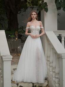 YOUKEFEIER 2025新款优雅性感露肩开衩蕾丝刺绣串珠长款婚纱，后背系带可调节 - 白色 - 查看 2