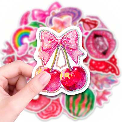 50张闪亮樱桃粉色蝴蝶结Y2K风格贴纸，可爱水果美学贴纸，带闪亮点缀，防水贴纸，适用于水瓶、笔记本电脑、手机壳、日记本、计划本、笔记本、背包、保温杯等，是水果爱好者、Y2K美学粉丝和创意人士的理想之选，易于粘贴和移除，不留残胶，时尚配饰，为您的物品增添活力和甜美气息。剪贴簿用品文具趣味贴纸