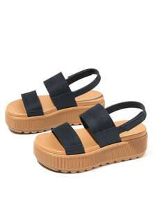 Platform Sandals For Women Round Toe Hook And Loop Strap Slip On Slides Strapy Flip Flops Casual Slippers Party Vacation Walking Beach Indoor Outdoor Spring Festival Womens Summer Sandals  Black Tan Sandals - Nâu đen - Xem 2