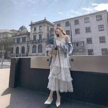 Pure Desire Style White Strap Dress Women Spring Summer New Beach Vacation Elegant Draped Sweet Long Dress - màu đen - Xem 6