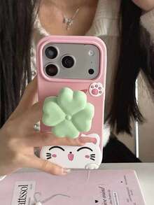 New Fashion Lucky Four-Leaf Clover Rotating Bracket 3D Phone Case Compatible With IPhone 17 Pro Max, Protective Cover, Sweet Romantic Skin-Friendly Shell, 16 PM - Pink - View 1