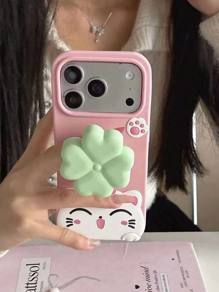 New Fashion Lucky Four-Leaf Clover Rotating Bracket 3D Phone Case Compatible With IPhone 17 Pro Max, Protective Cover, Sweet Romantic Skin-Friendly Shell, 16 PM - Pink - View 1