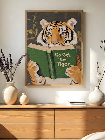 1幅复古励志老虎阅读版画，幽默书虫墙饰，适用于图书馆、办公室或书房装饰，是送给朋友的理想礼物，也可用于卧室、客厅、办公室、厨房、浴室等场所的装饰，是家居装饰、房间装饰的理想选择，帆布墙画，海报，带框墙画，可选画框