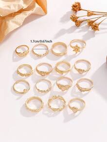 15pcs Set Moonstone Hollow Embossed Elephant, Moon, Star Design Rings, Suitable For Daily Wear And Parties - 15-piece Set - View 2