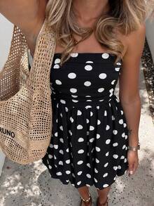 Đầm ngắn cúp ngực gợi cảm chấm bi xếp tầng thanh lịch của PoPoHouse dành cho nữ, phù hợp cho mặc hàng ngày, kỳ nghỉ hè, đi biển, dự tiệc, đi chơi, đầm chấm bi đen trắng. - màu đen - Xem 4