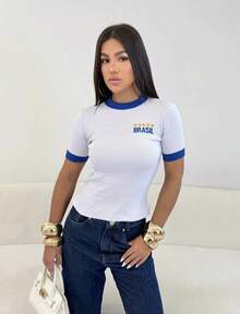 Regata Brasil Babado Bordado Blusa Copa Canelado Ribana - Branco - Visão 2