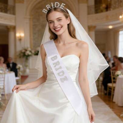 2pcs/Set Bridal Wedding Headband & Shoulder Strap Decor Set, Rhinestone "Bride" Headband, White Letter Shoulder Strap, Suitable For Wedding, Bachelorette Party, Bridal Shower, Holiday Events, Wedding Dress Accessories, Wedding Photography Props