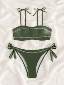 女士夏季沙滩极简吊带比基尼套装，休闲优雅抹胸比基尼套装，高弹力泳衣，肩部系带，侧边系带泳裤度假 - 軍綠色 - 查看 9