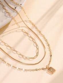 3pcs/Set Kalung Liontin Berlapis Rantai Bilah Pipih Kawat Emas Stainless Steel, Dengan Liontin Klip Kertas Persegi Emas, Cocok Untuk Wanita Kenakan Saat Liburan dan Pesta - Yellow Gold - View 4