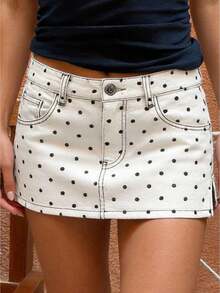 Women Summer Mini Jean Skirts Casual Dots Print Denim Skirt For Beach Vacation Club Streetwear - trắng - Xem 1