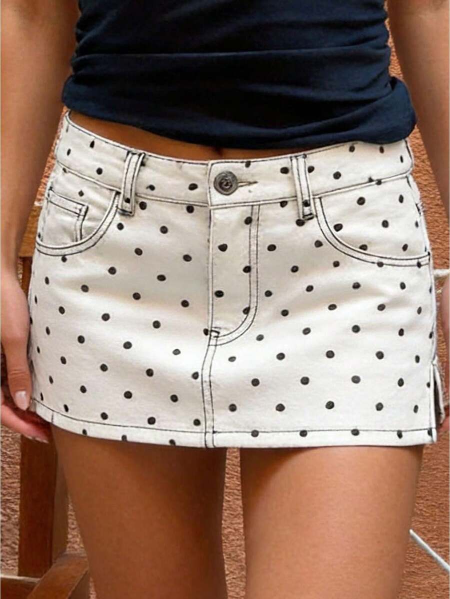 Women Summer Mini Jean Skirts Casual Dots Print Denim Skirt For Beach Vacation Club Streetwear - trắng - Xem 1
