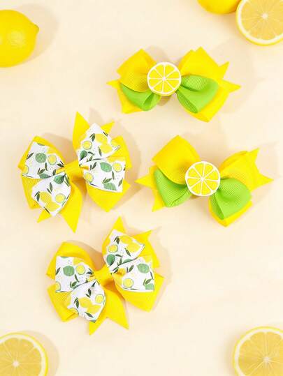 4个黄色柠檬发夹，布艺鳄鱼夹蝴蝶结发夹，甜美风车发卡，可爱发饰，青少年夏季礼物，假期日常佩戴