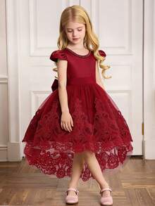 Lace Trim Bow Decor Sweet & Cute Princess Dress, Suitable For Outing And Holiday, Excluding Headband - 酒紅色 - 查看 5