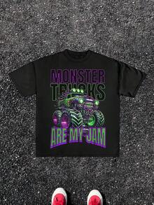 1pcs Monster Truck Graphic Print T Shirt Cool Street Style 100% Cotton Short Sleeve T Shirt Monster Trucks Are My Jam T Shirt Oversized Hip Hop Casual Tee Perfect Summer Men's Graphic Tee Unisex Gift - màu đen - Xem 1