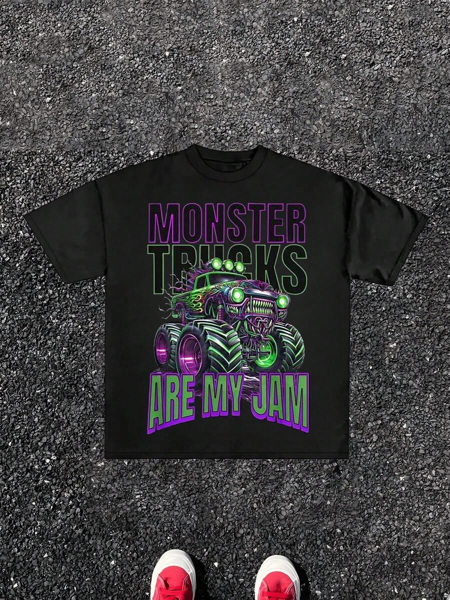 1pcs Monster Truck Graphic Print T Shirt Cool Street Style 100% Cotton Short Sleeve T Shirt Monster Trucks Are My Jam T Shirt Oversized Hip Hop Casual Tee Perfect Summer Men's Graphic Tee Unisex Gift - màu đen - Xem 1