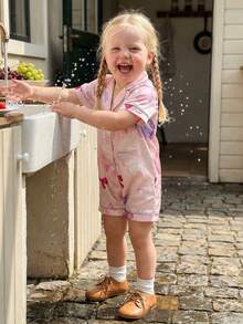 Satin Footless Pajamas Fashionable Strawberry Printed Short Sleeve Button Down Romper - 淺粉色 - 查看 5