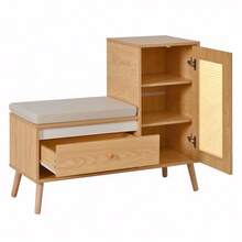 Shoe Cabinet, Rattan Hall Bench With Shoe Storage & Seat Cushion – Multifunctional Entryway Bench With Drawers & Open Compartments, One Cabinet Door - Natural - View 7
