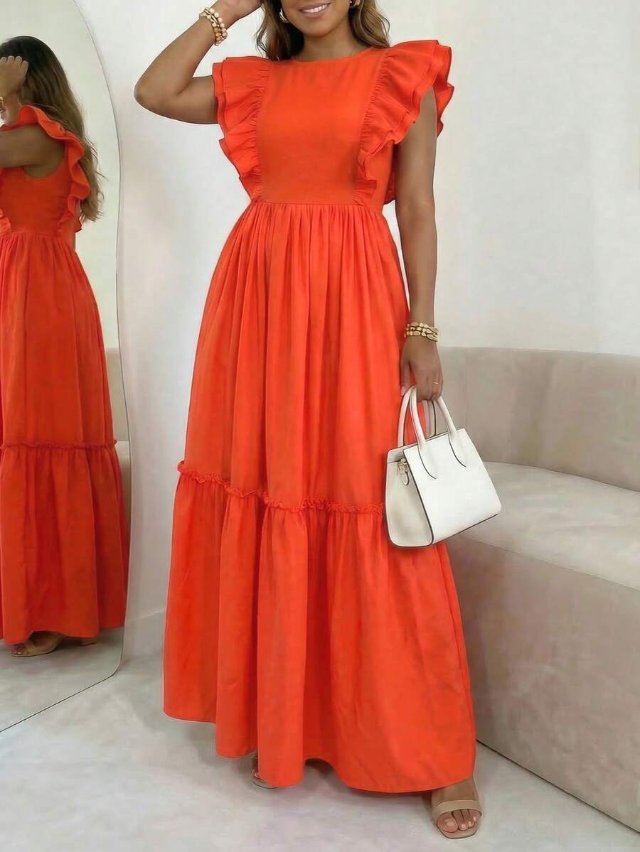 Women's Elegant Vacation Solid Color Cap Sleeve Ruched Patchwork Short Casual Dress, Spring/Summer - Orange - View 1