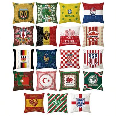 FIFA Bộ sưu tập vỏ gối World Cup 2026 | Kết hợp huy hiệu đội tuyển và quốc kỳ | Vải PU mật độ cao + ruột gối mềm mại, chống nhăn và có thể giặt, màu sắc bền lâu | In hai mặt, mỗi mặt một kiểu dáng độc đáo: Mặt trái là huy hiệu đội tuyển, mặt phải là sọc áo đấu, thời trang và đáng sưu tầm | Thích hợp cho ghế sofa phòng khách, đầu giường phòng ngủ, các buổi tụ họp của người hâm mộ bóng đá, v.v.