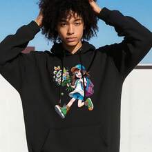 Womens Front Slogan Letter Print Hooded Sweatshirt Graphic Oversized Hoodies Sweatshirts Anime Girl With Flowers And Bac - 黑色 - 查看 1