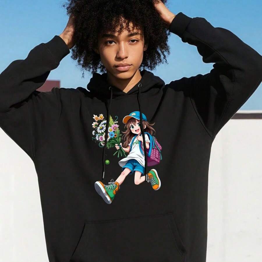Womens Front Slogan Letter Print Hooded Sweatshirt Graphic Oversized Hoodies Sweatshirts Anime Girl With Flowers And Bac - 黑色 - 查看 1