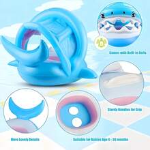 1 pieza Anillo inflable de natación para bebé, con forma de tiburón azul, adecuado para la playa, la piscina, con sombrilla, se puede usar como asiento inflable - Azul - Ver 5