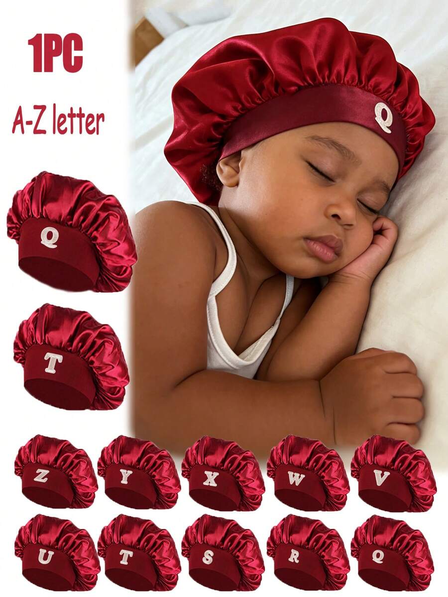 1顶儿童字母图案睡帽，窄檐弹力缎面光滑面料，舒适透气。 - 酒紅色 - 查看 1