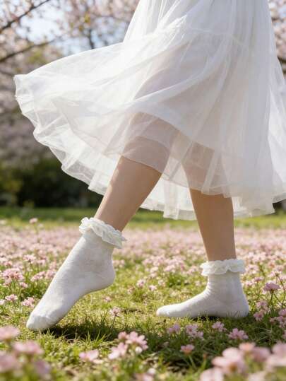 1 paar witte damessokken met omgekeerd driehoekig mesh-design en dubbele kanten afwerking, comfortabel, schattig, zacht, geschikt voor dagelijks gebruik, tot halverwege de kuit.