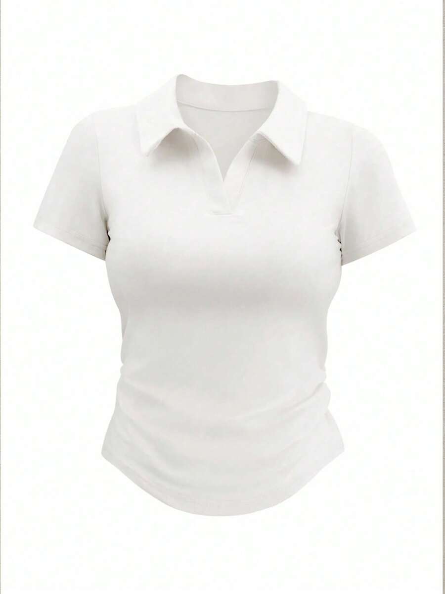 Blusa/camiseta de manga corta con cuello, ajustada a la cintura, de estilo minimalista y puro blanco, versátil, linda y sexy para mujer, para primavera/verano de uso casual - Blanco - Ver 1