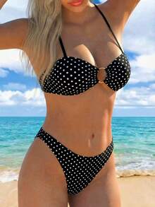 Bộ bikini nữ màu đen trắng chấm bi khoét eo, thích hợp cho kỳ nghỉ biển. - Đen và trắng - Xem 4