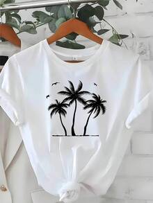 Wo Tropical Palm Tree Graphic T-Shirt |   Casual Short Sleeve Crew Neck, Stretchy Blend, Machine Washable, White With Black Print, Perfect For Spring/Summer/Fall, Spring Summer Top |   Tropical Print Tee |   Stretchy Fabric - trắng - Xem 2