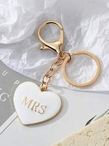 1pc Minimalist Personalized Alloy Black & White Heart Keychain, Couple Couples's Gift, Mr Mrs Heart Bag Charm - Multicolor - View 3