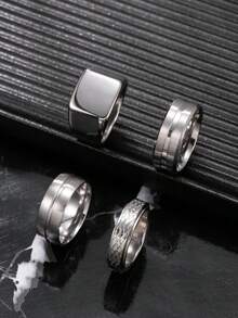 4pcs Fashionable Stainless Steel Silver Rings Set For Men, Includes Square & Snake Skin Combination Elements, Suitable For Daily Wear, Festivals, Dates - Silver - View 6