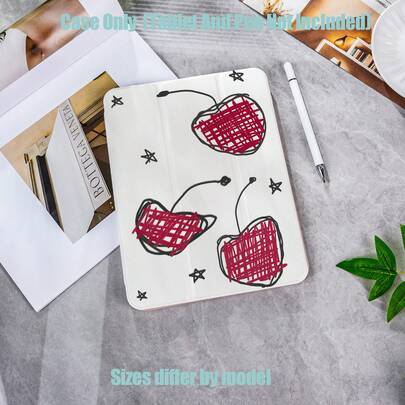 360°旋转保护套，带笔槽。时尚甜美的涂鸦风格，心形樱桃+手绘五角星，红黑撞色，休闲独特，甜美与酷炫完美平衡。平板电脑保护套功能：360°旋转，智能休眠/唤醒，全方位保护，亲肤边框材质，多角度支架，透明亚克力背板，内置笔槽，精准开孔，轻巧便携。兼容iPad型号：Mini 6/7 | 2017-2021/10/11 | Air 1/2/3/4/5/6/7 | Pro 10.5/11/12.9/13英寸所有版本。