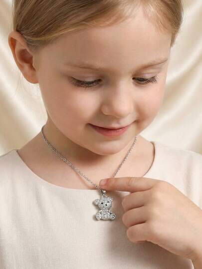 1pc Cute Cubic Zirconia Studded Bear Pendant Stainless Steel Necklace, Suitable For Girls, Fashionable Winter Holiday Party Christmas Decoration Accessory, Daily Wear