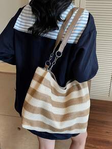 夏季新款波西米亚风条纹编织手提包 女士大容量通勤单肩包 草编材质 海边度假沙滩包 时尚百搭ins风超火大容量包 - 卡其色 - 查看 7