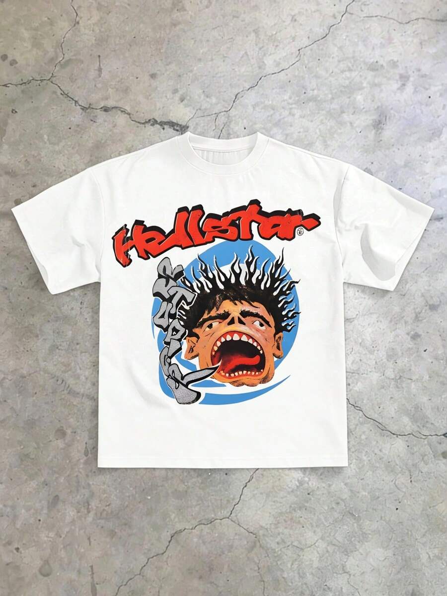 Hellstars Screaming Head Retro Graphic T-Shirt,220g 100% Cotton,Round Neck Short Sleeve,White Streetwear Essential,Unisex Style - White - View 1