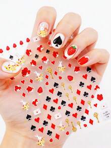 1 pieza Pegatina de arte de uñas 5D, patrón de candado y llave, decoración de uñas con corazón de rosa de San Valentín y conejo, pegatina de arte de uñas DIY - Multicolor - Ver 1