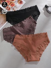 Bộ 3 chiếc quần lót nữ màu trơn, chất liệu cotton gân, phối ren, gợi cảm và thoải mái, thích hợp cho ngày Valentine, Giáng sinh, mùa thu/đông, xuân/hè và mặc hàng ngày. - Nhiều màu - Xem 2