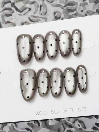 Moonlight Song False Nails With Polka Dot Cat Eye And Glitter Design 10 Pieces For Women Fashionable And Comfortable