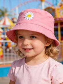 1pc Kids Fashionable Sun Bucket Hat, Versatile Sunhat For Spring & Autumn (With Embroidered Sunflower), Korean Style Children Bucket Hat, Suitable For Indoor & Outdoor Use - 1PC - View 2