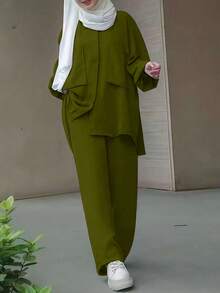 Women's Solid Color Top And Pants Arabic Style Outfit - Green - View 1