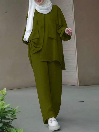 Women's Solid Color Top And Pants Arabic Style Outfit